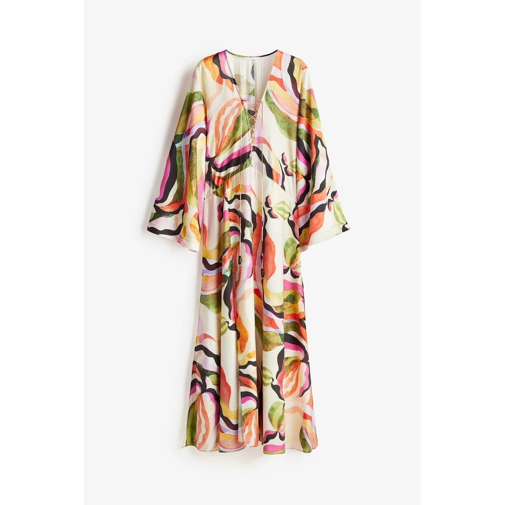 HM Kaftan Dress with Lacing Cream Patterned Boho Maxi Long Sleeve Small